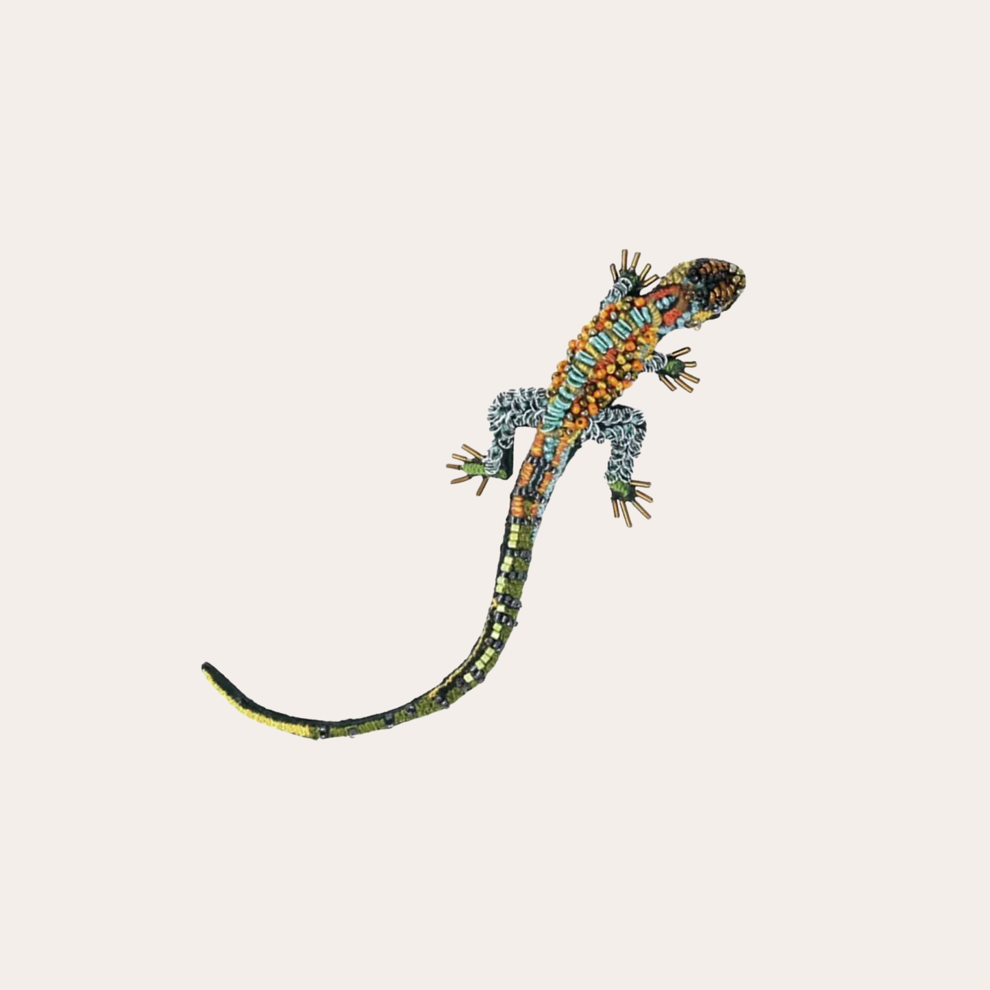 Broche Trovelore - lézard caïman kaki / orangé