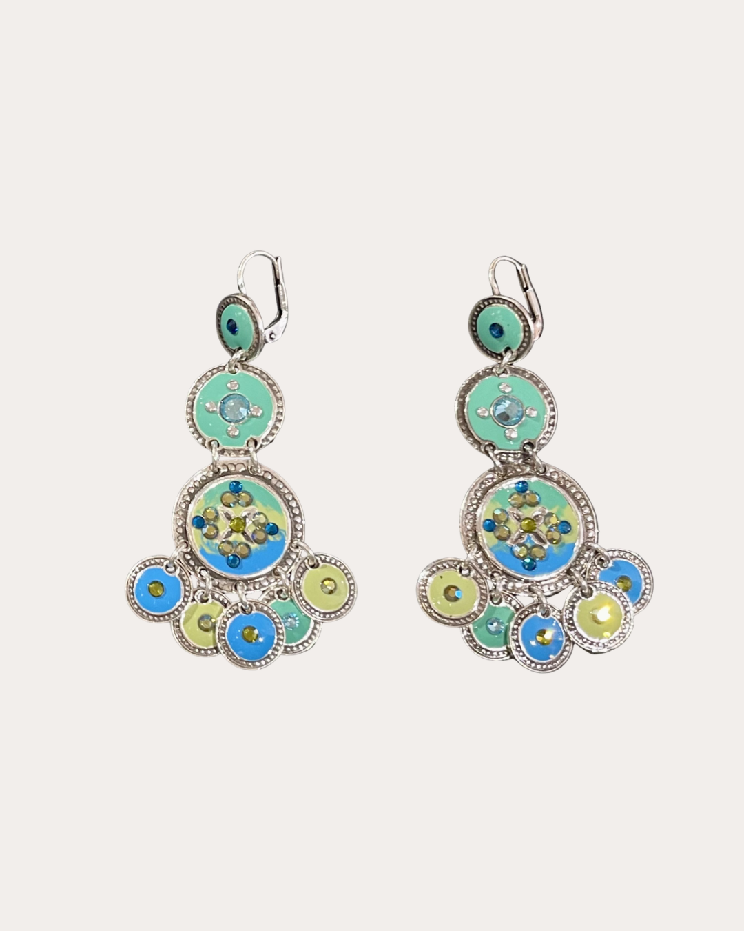Gas Bijoux earrings - Three-row sequin silver / turquoise / green