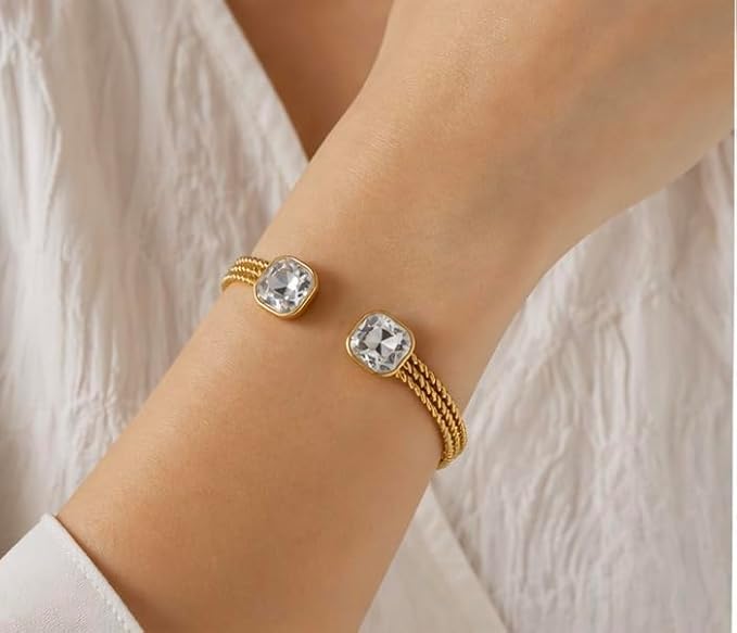 Gold-Plated Stainless Steel Open Cuff Bracelet with Brilliant Crystals