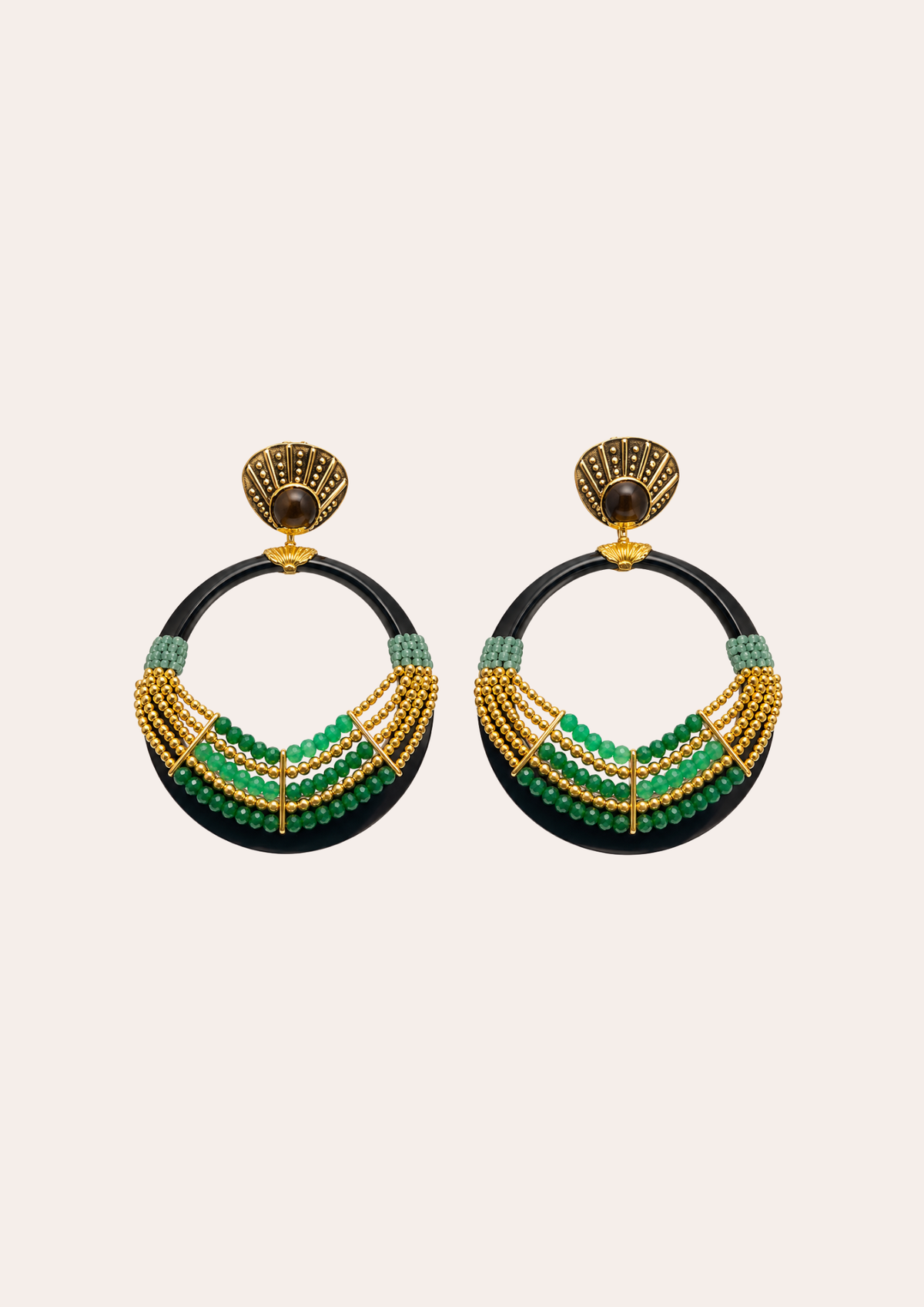 GAS Bijoux earrings - Gold acetate hoops with gold / green pearls