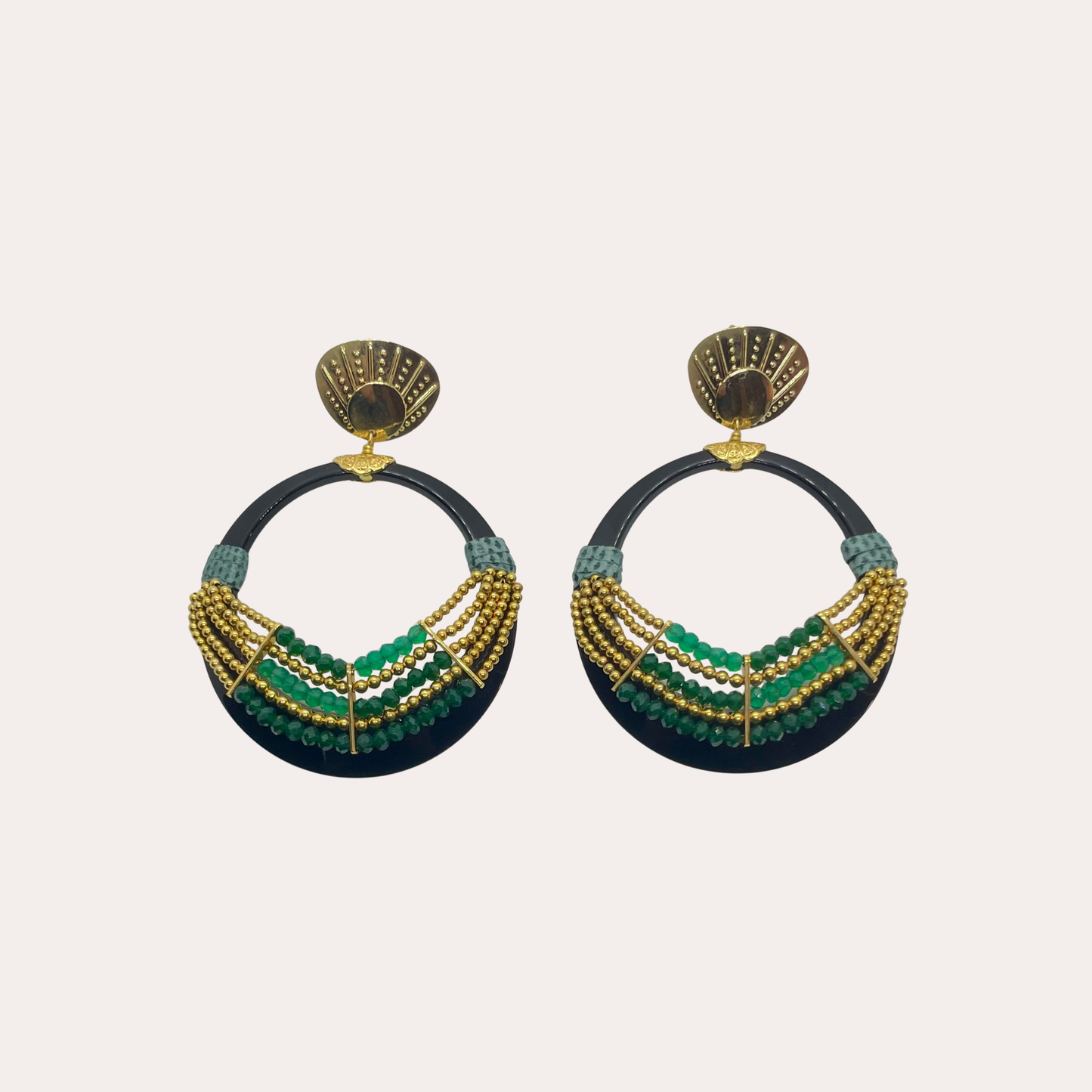 Boucles d'oreilles GAS Bijoux - Créoles or acétate noire perles or / vertes