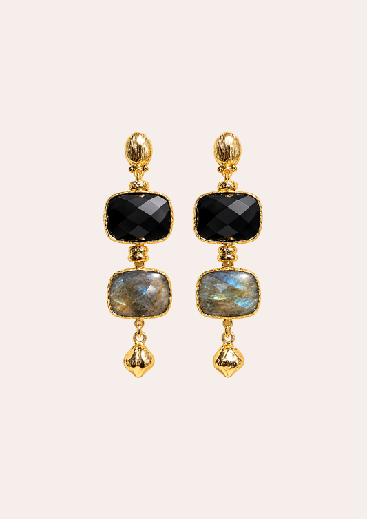 Boucles d'oreilles Gas Bijoux - Silène petit modèle or / Onyx / Labradorite