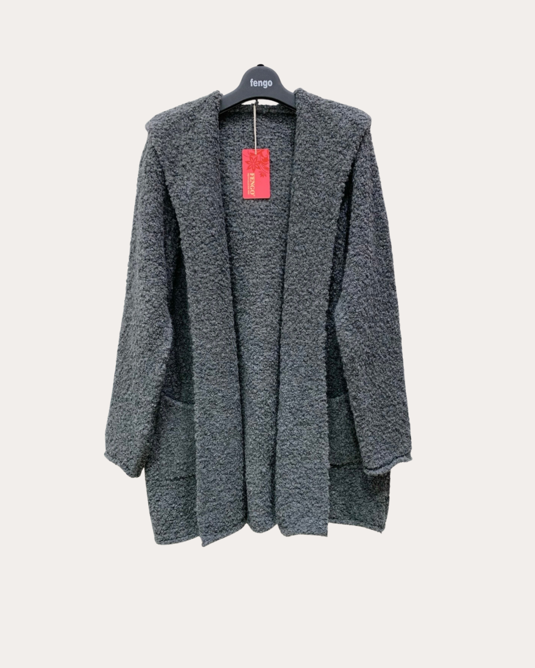 Grey Fengo jacket - mid-length with loops, hood, and long sleeves.