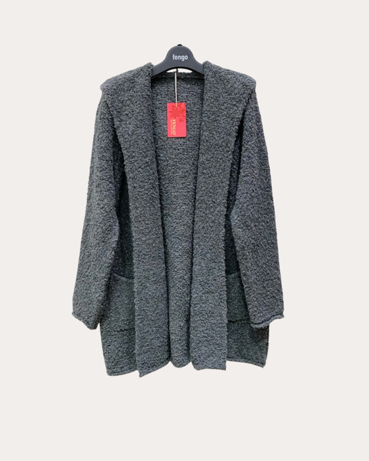 Grey Fengo jacket - mid-length with loops, hood, and long sleeves.