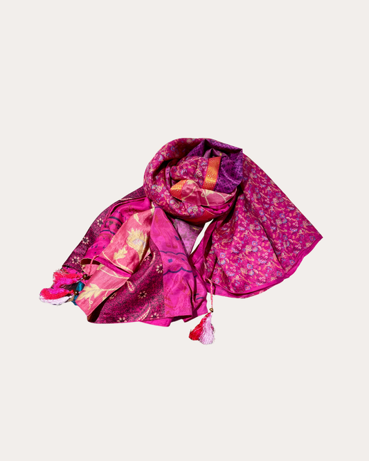 Carré Soie  Palme - 4 Patchs + 4 Tassels fushia