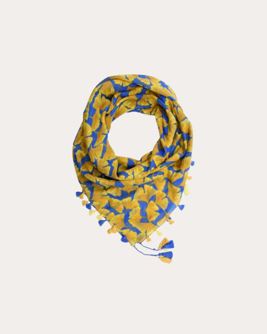 Carré Palme - Cotton Ginkgo Leaf + Blue and Yellow Pompon