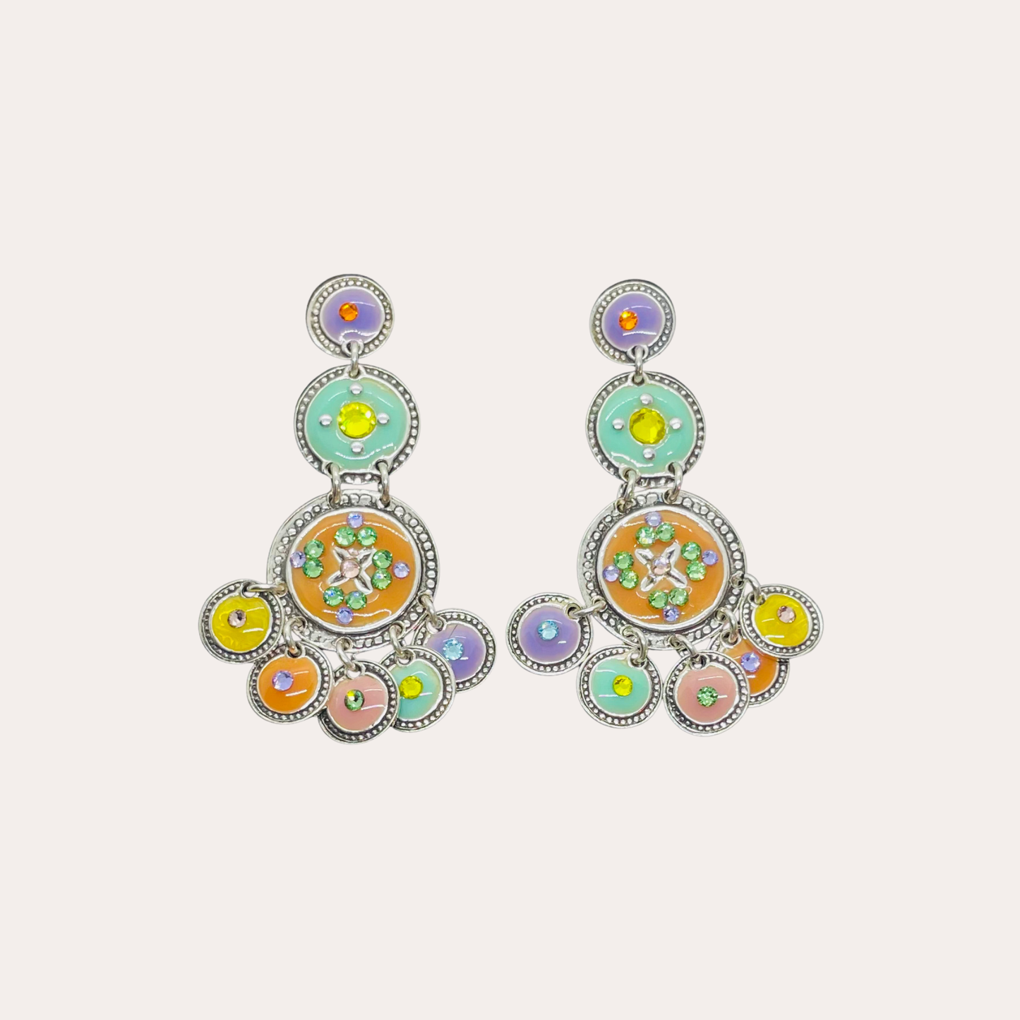 Boucles d'oreilles Sequin trois rangs argent / multicolores pastel