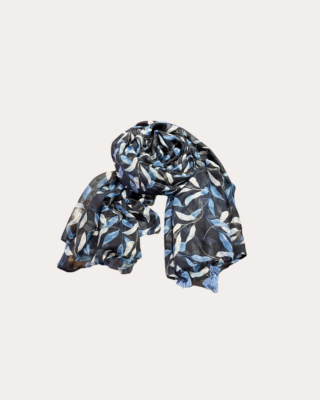 Blue leaf print scarf with pompoms