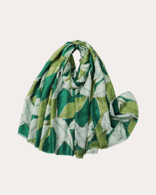 Green scarf with leaf print