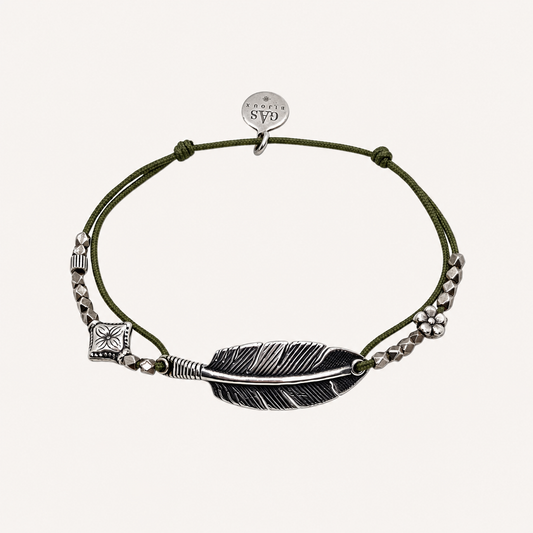 GAS Bijoux Bracelet - Penna cord with silver feather / khaki