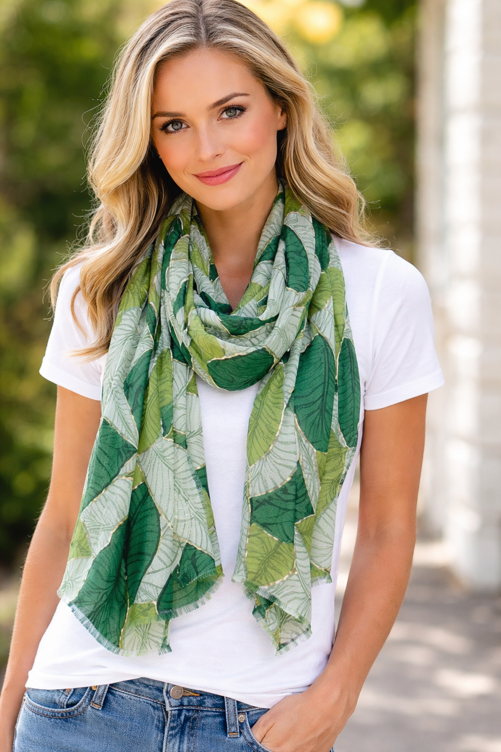Green scarf with leaf print