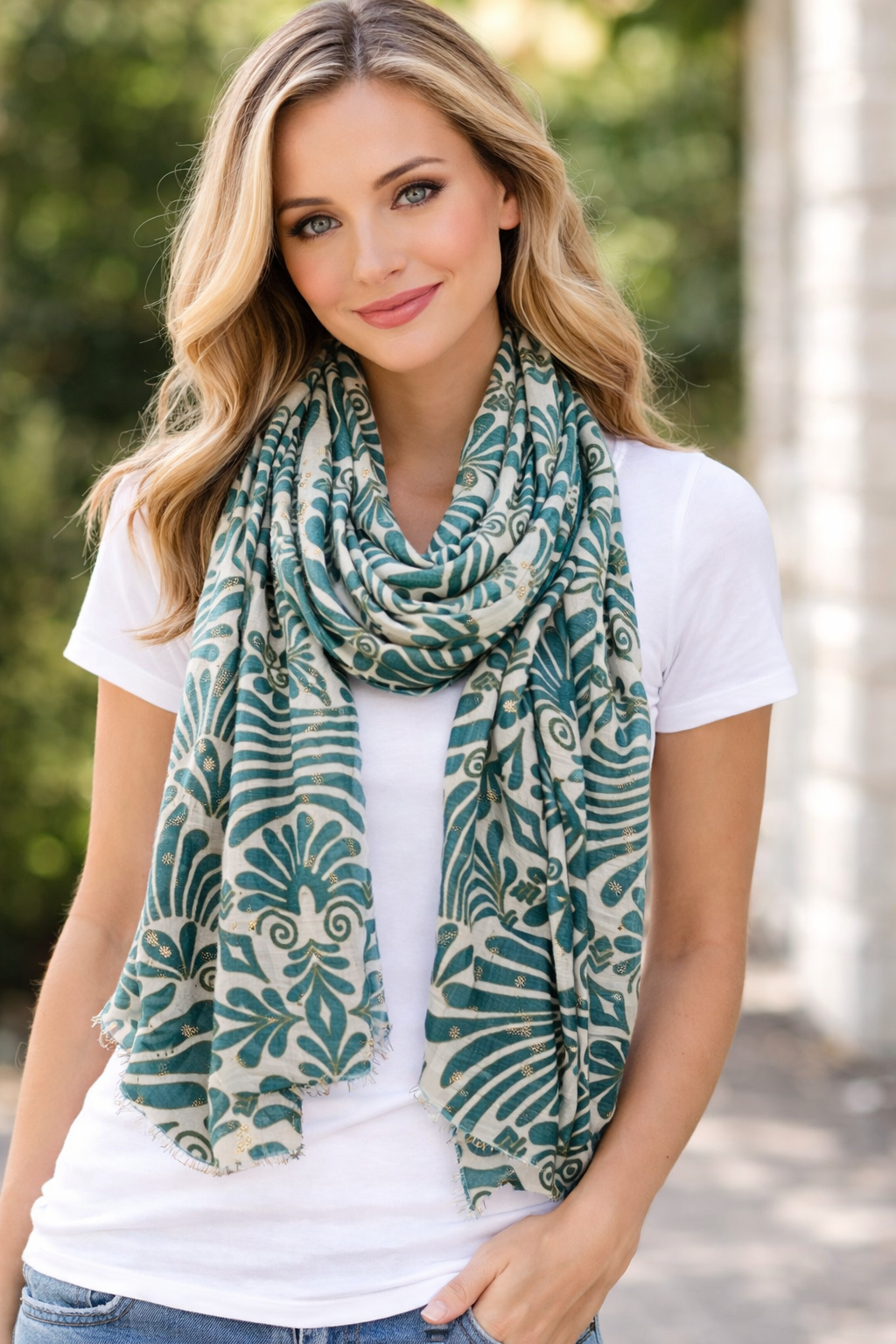 Duck egg blue and beige scarf - gold threads