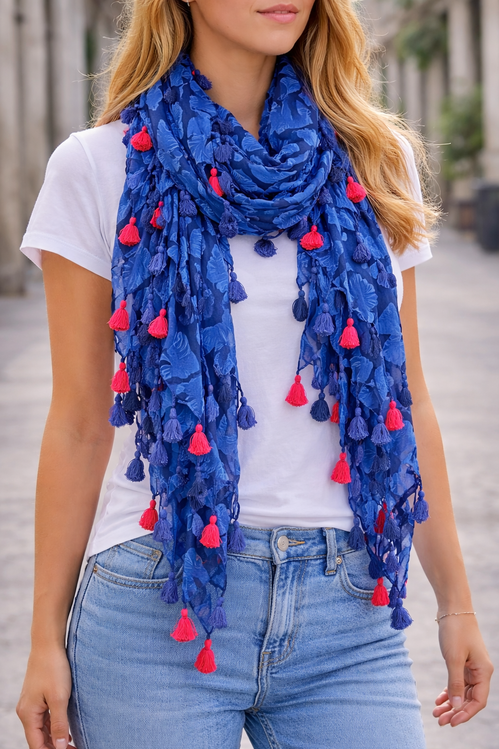 Carré Palme -  Coton Feuilles De Ginkgo+Pompon bleu